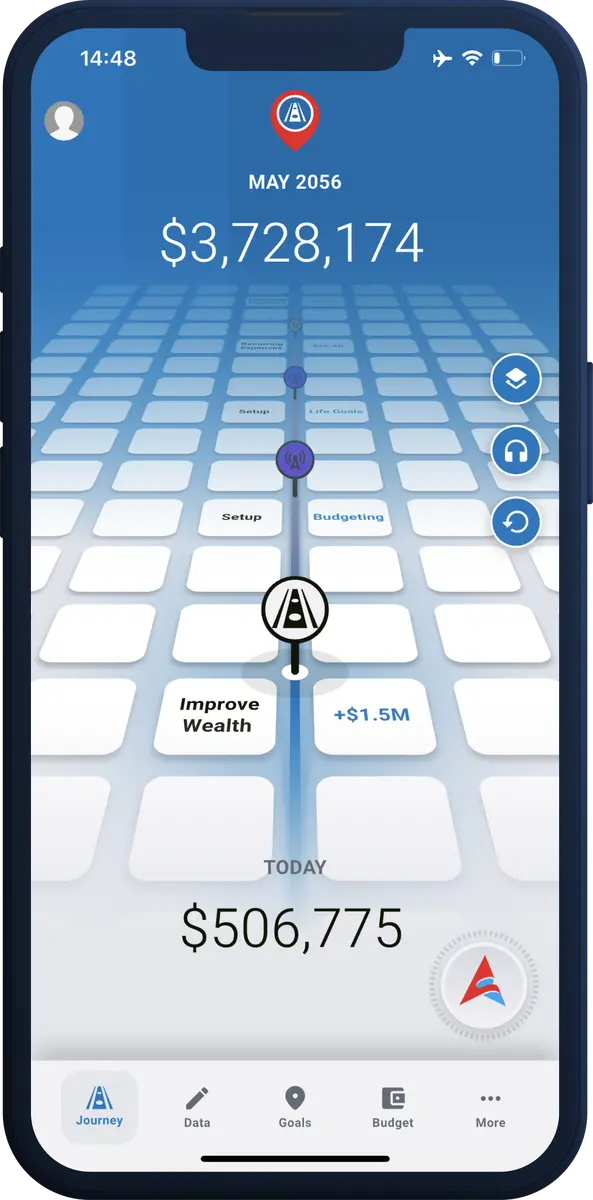 App journey screen projecting $3,728,174 by May 2056 from $506,775 today, with an Improve Wealth marker worth an extra $1.5M on the route