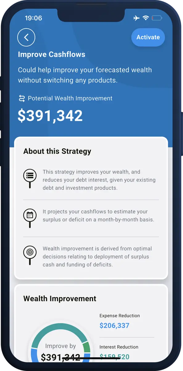 Improve Cashflows strategy screen explaining how the strategy raises wealth and cuts debt interest using your existing products, with a potential improvement of $391,342