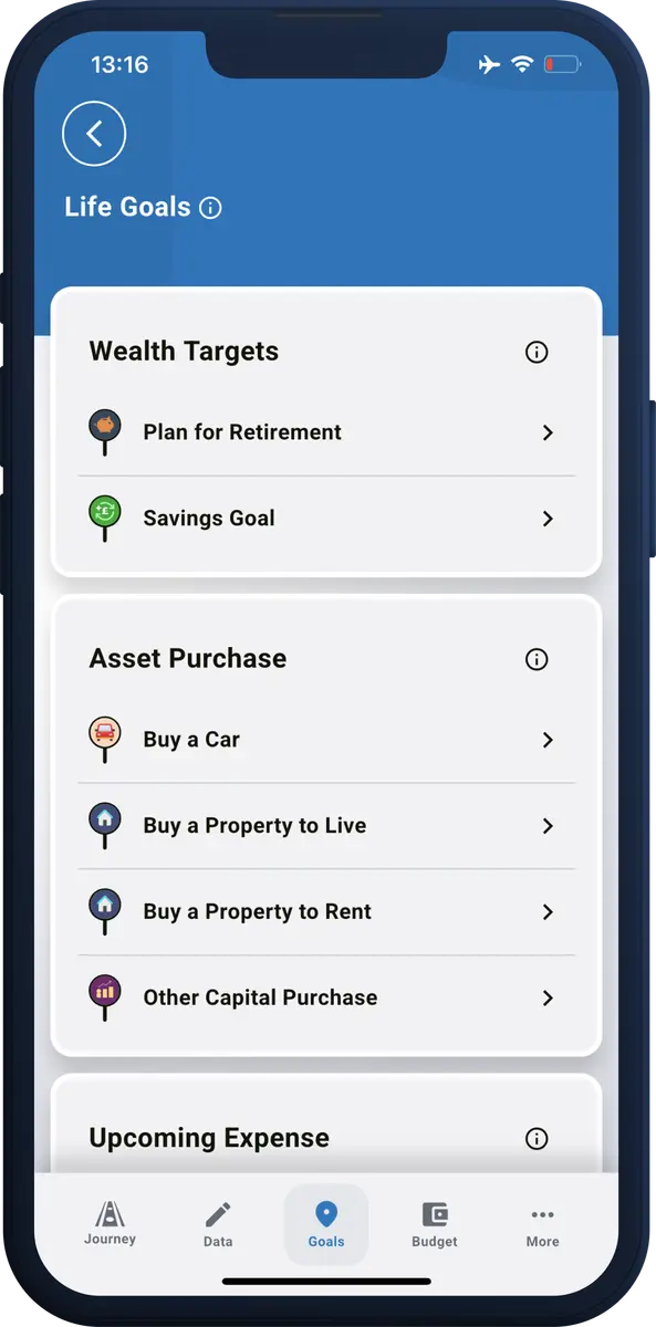 Life Goals menu offering wealth targets such as planning for retirement and a savings goal, and asset purchases such as buying a car or a property to live in or rent