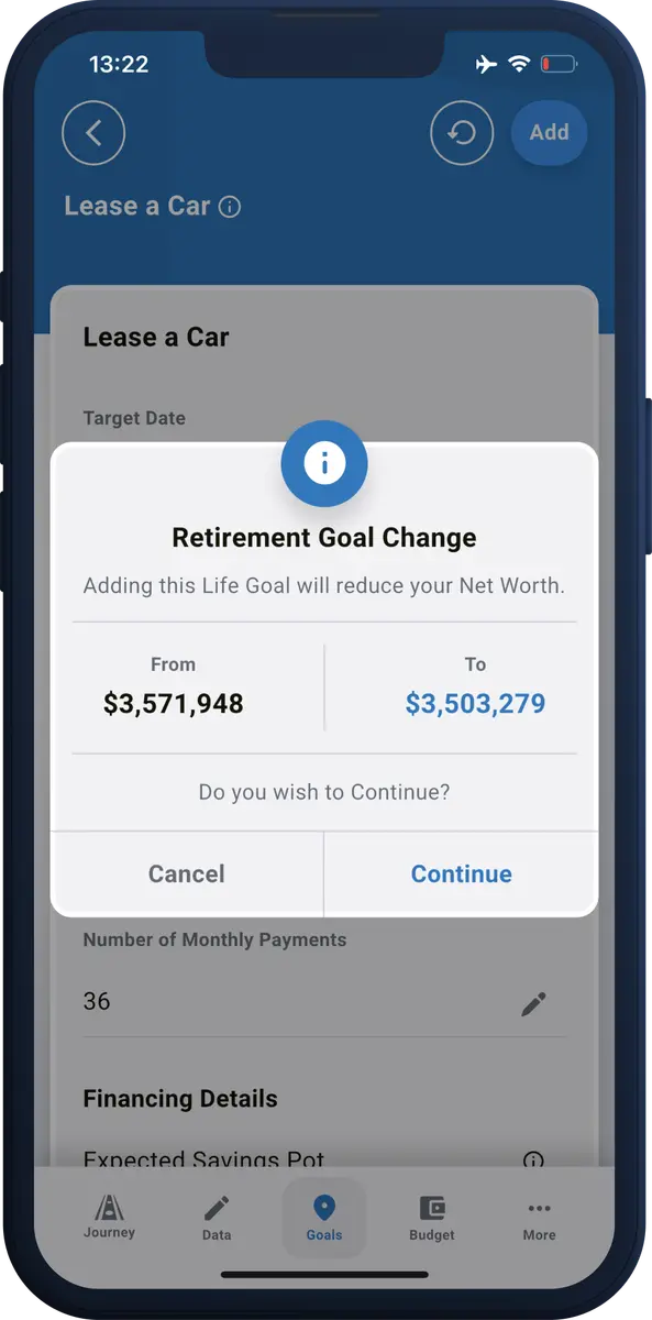 Adding a Lease a Car life goal, with a dialog warning that the goal will reduce projected net worth from $3,571,948 to $3,503,279 and asking whether to continue