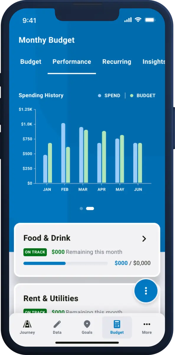 Monthly Budget performance tab charting six months of spending against budget, with per-category cards showing how much is left this month