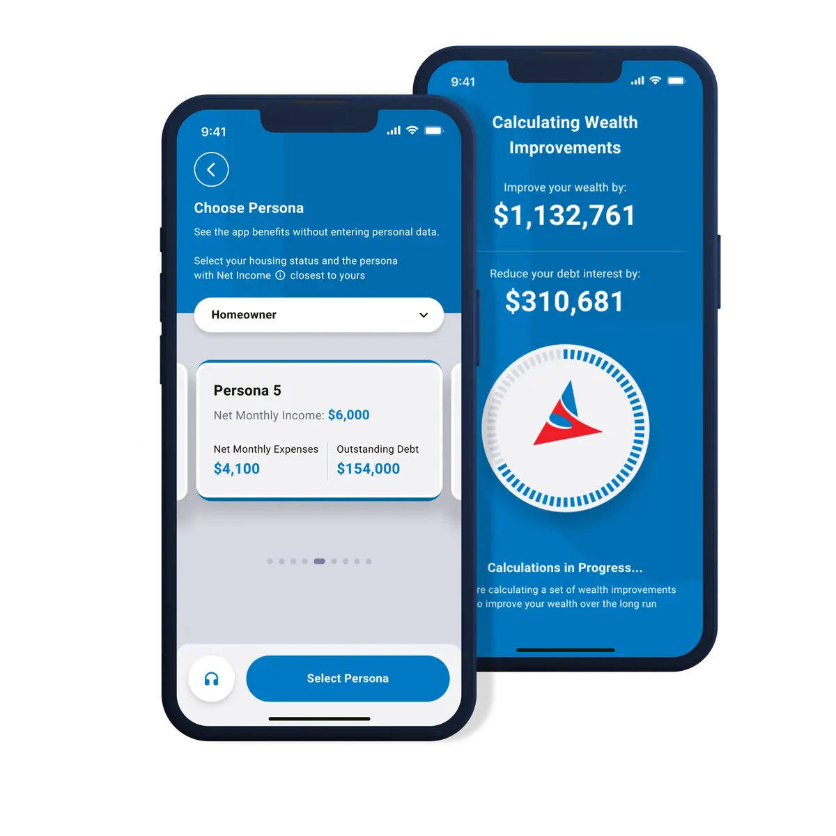 Choose Persona screen where you pick a persona by net monthly income, alongside the app calculating wealth improvements of $1,132,761 and debt interest savings of $310,681